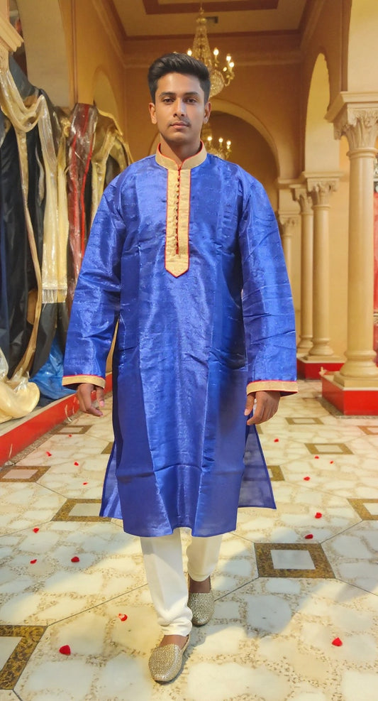 Men's Royal Blue Raw Silk Kurta with Gold Embroidery