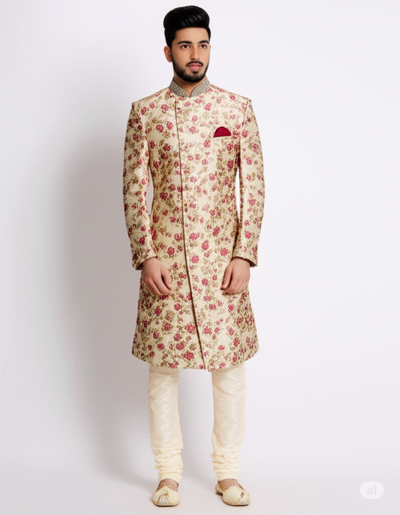 Men's Off-White Floral Embroidered Sherwani