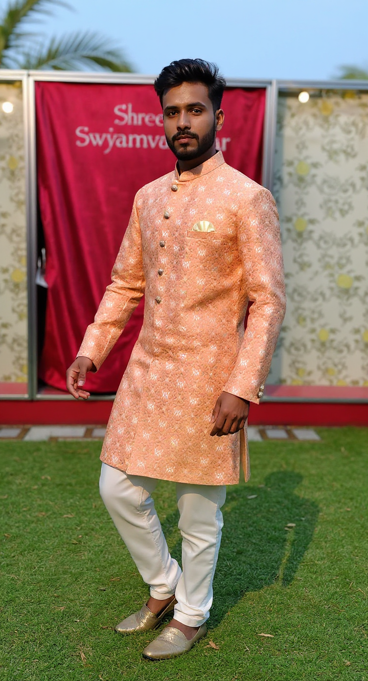 Men's Peach Floral Jacquard Sherwani | Wedding & Festive Wear