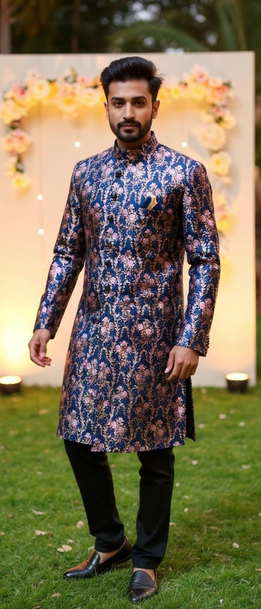 Men's Navy Blue Floral Brocade Sherwani | Formal Wear