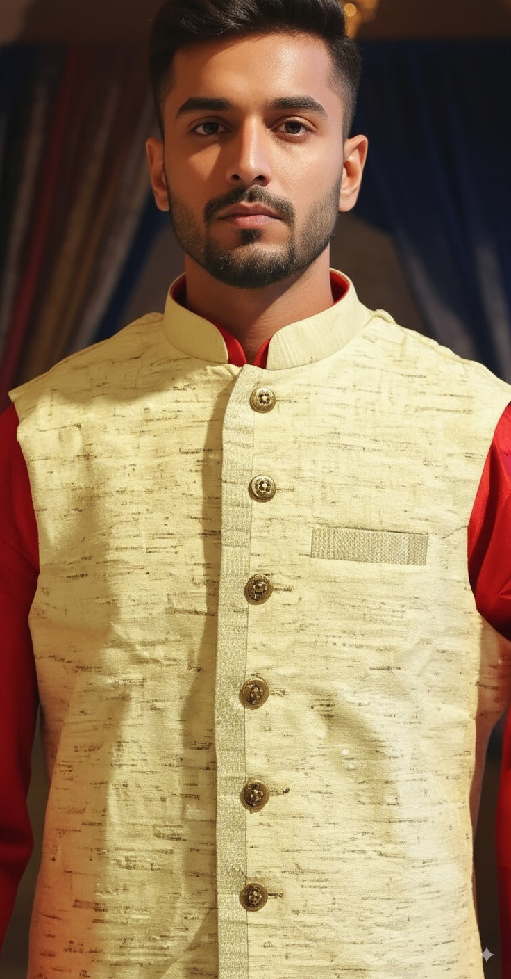 Men's Red & Yellow Contrasting Textured Waistcoat kurta set