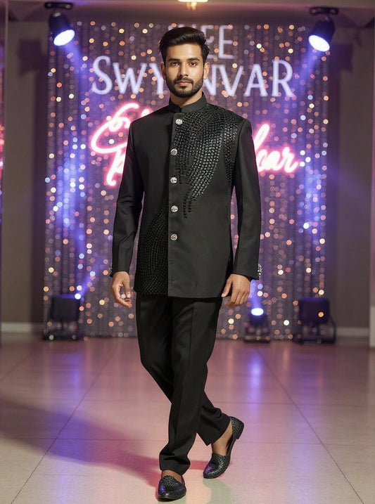 Men's Black Asymmetrical Hand Embroidered Jodhpuri Suit