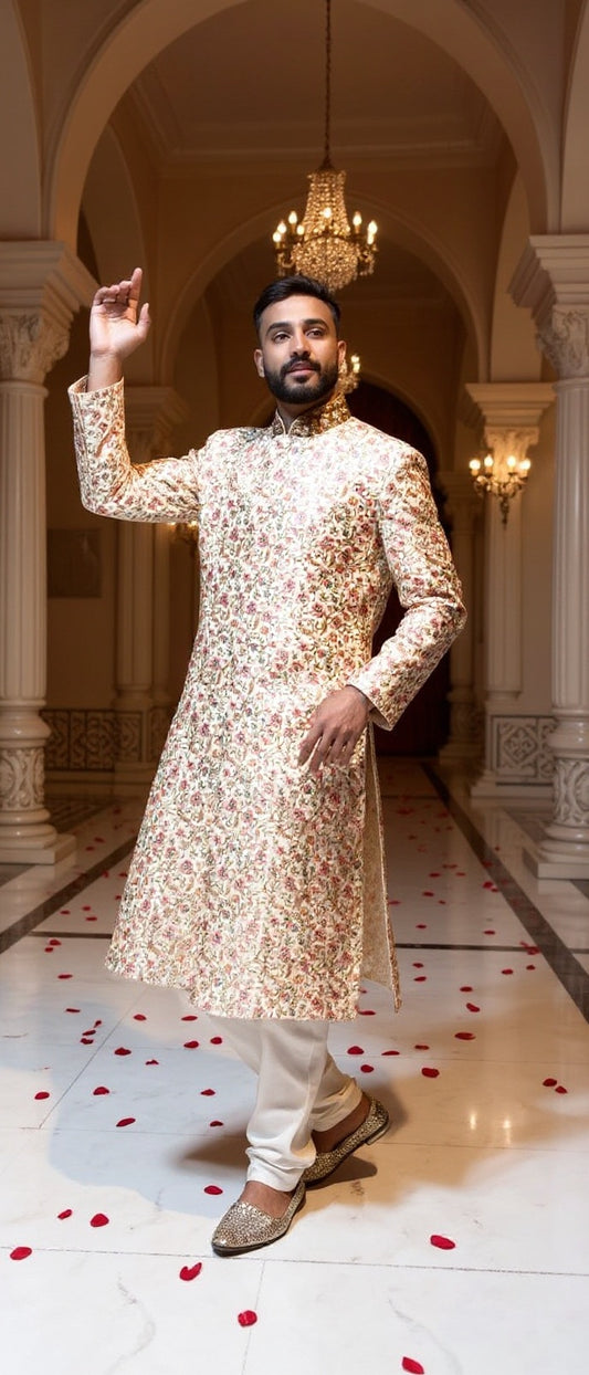 Men's Cream Floral Sherwani | Wedding Wear