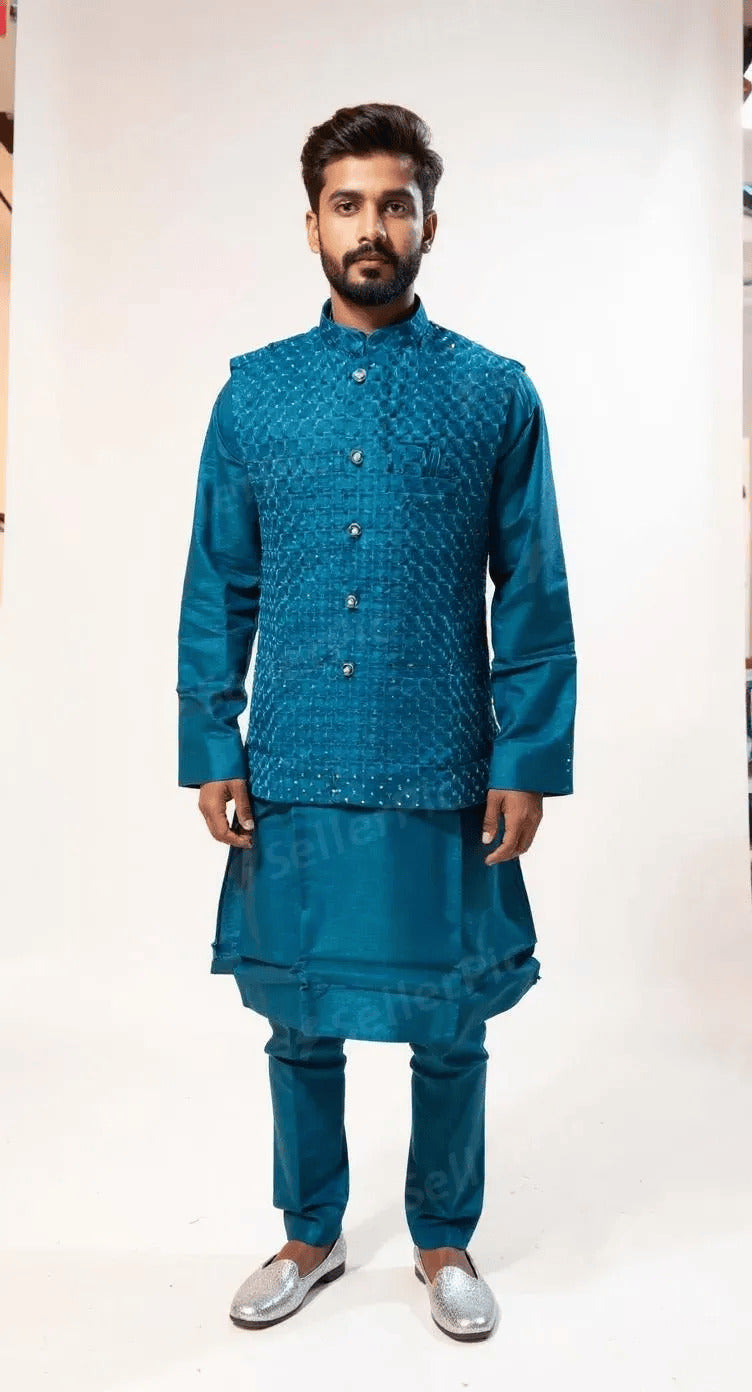 Men's Teal Textured Waistcoat and Kurta Set