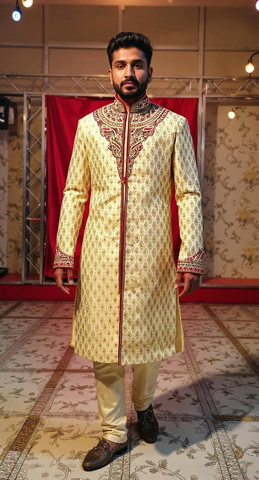 Men's Peach & Gold Embroidered Sherwani