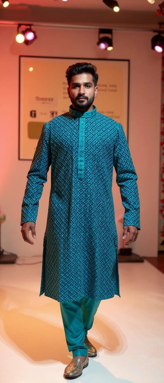 Men's Teal Geometric Embroidered Kurta Set