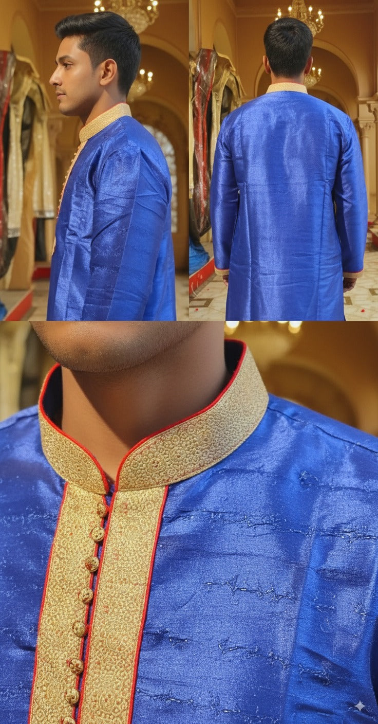 Men's Royal Blue Raw Silk Kurta with Gold Embroidery