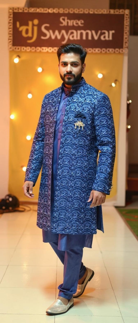 Royal Blue Velvet Embroidered Indo-Western Shrug Set for Men | Wedding & Festive Wear