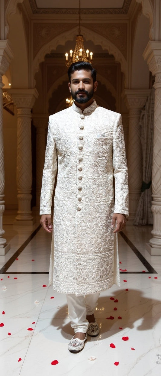 Men's Ivory Sherwani with Tone-on-Tone Floral Embroidery