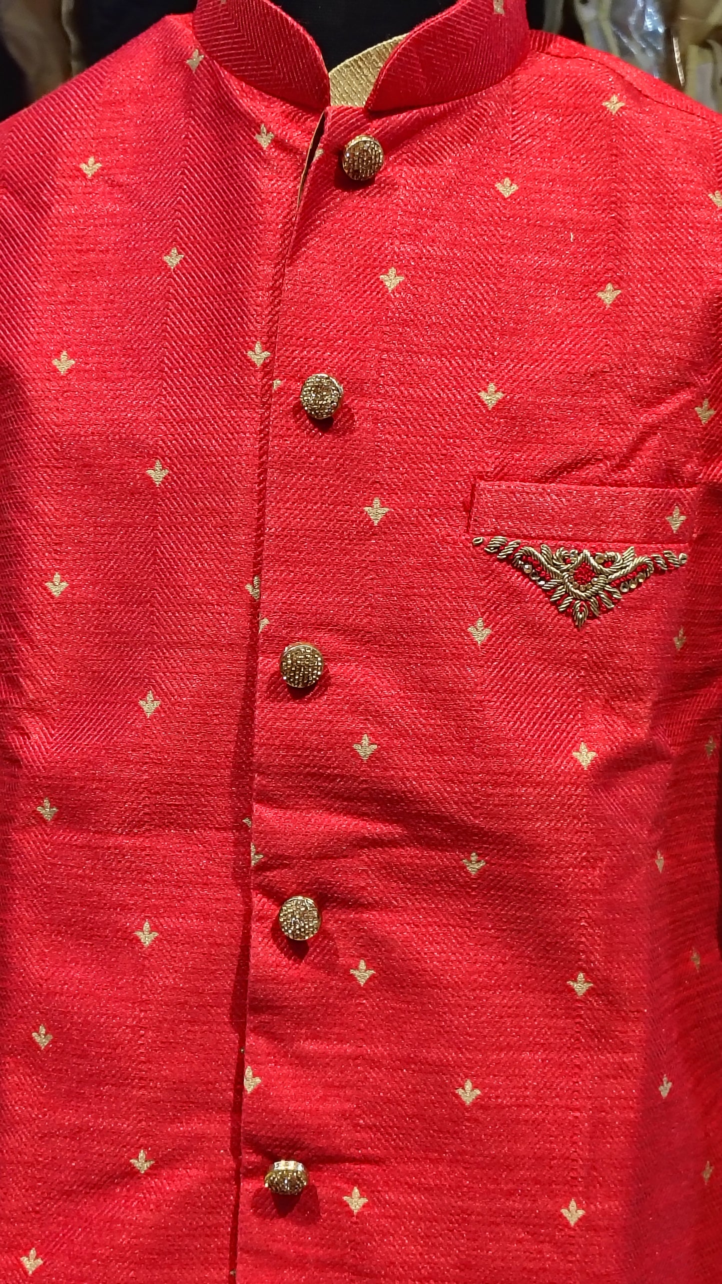 Men's Red Waistcoat & Gold Kurta Set with hand embroidery on waistcoat