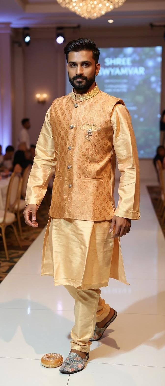 Men's Gold Brocade Waistcoat and Kurta Set