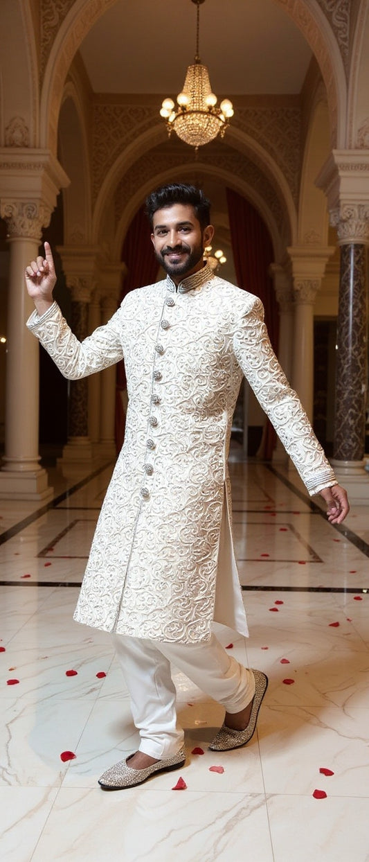 The Luminous Groom's Sherwani | All-Over Pearl & Crystal Handwork