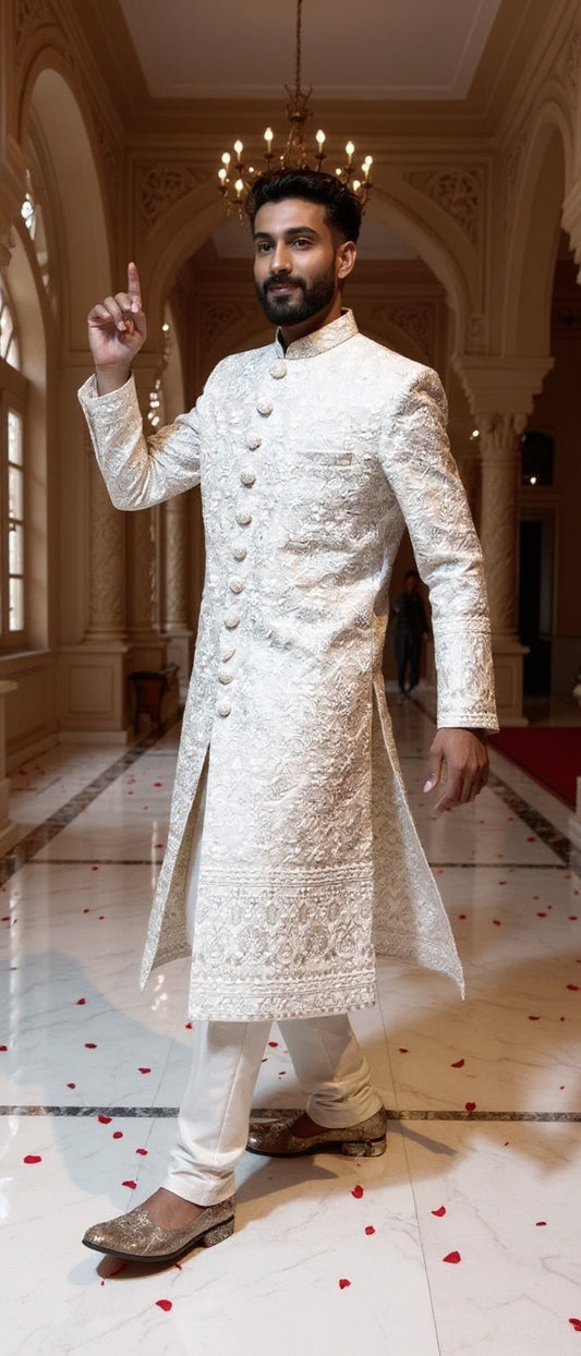 Men's Ivory & Silver Heavy Embroidered Sherwani