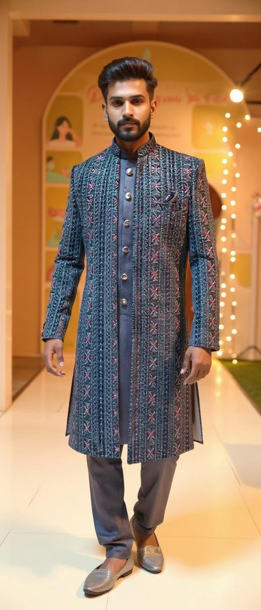 Men's Three-Piece Designer Velvet Embroidered Indo-Western Shrug Set