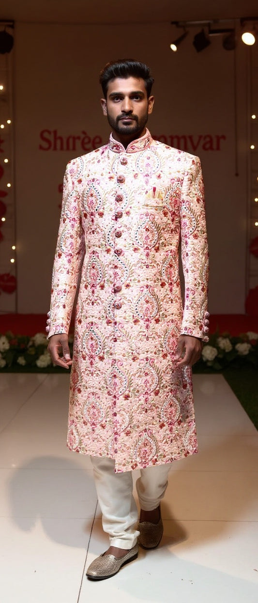 Blush Pink Floral Embroidered Sherwani for Grooms