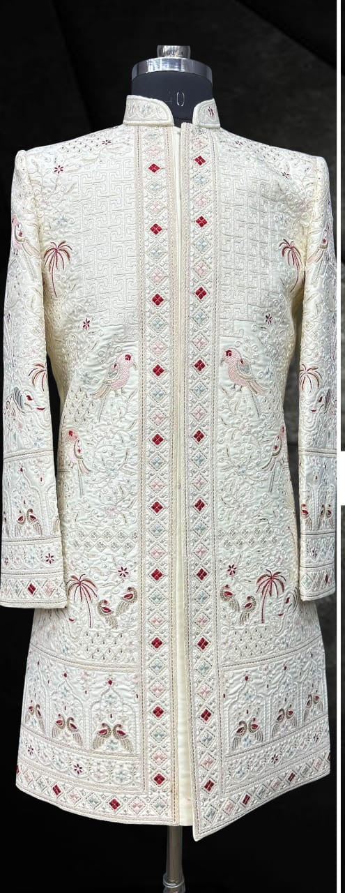 Men's Ivory Sherwani with Multi-Color Artistic Embroidery