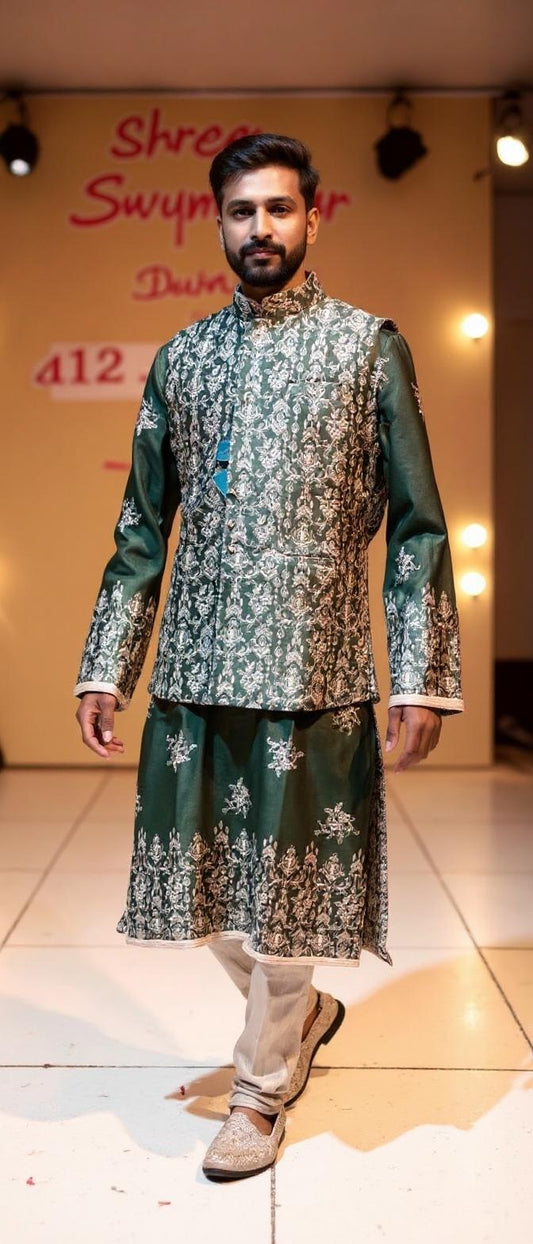 Men's Dark Green Kurta Set with Embroidered Waistcoat