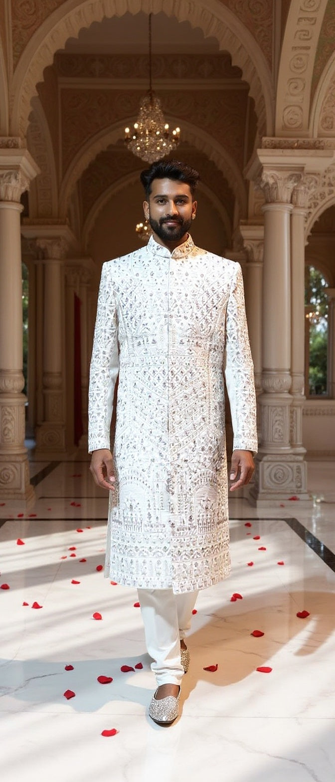 Men's Ivory & Silver Intricate Handwork Sherwani