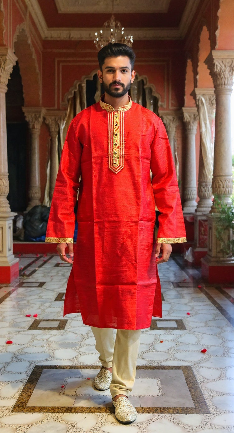 Men's Red Raw Silk Kurta Set with Gold Embroidery
