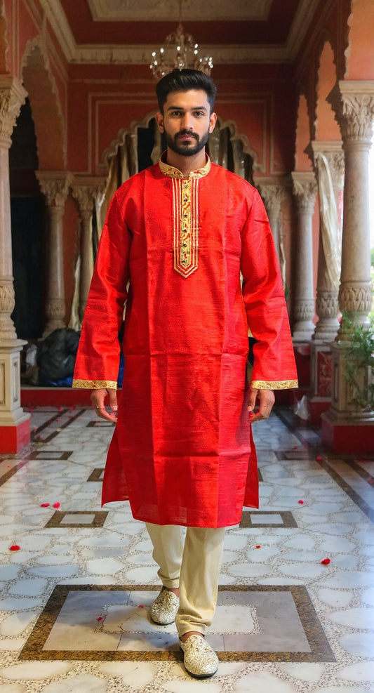 Men's Red Raw Silk Kurta Set with Gold Embroidery