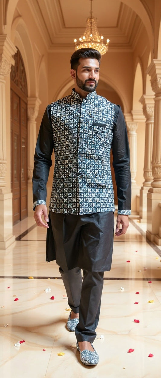 Men's Black Kurta Set with White & Black Patterned Waistcoat