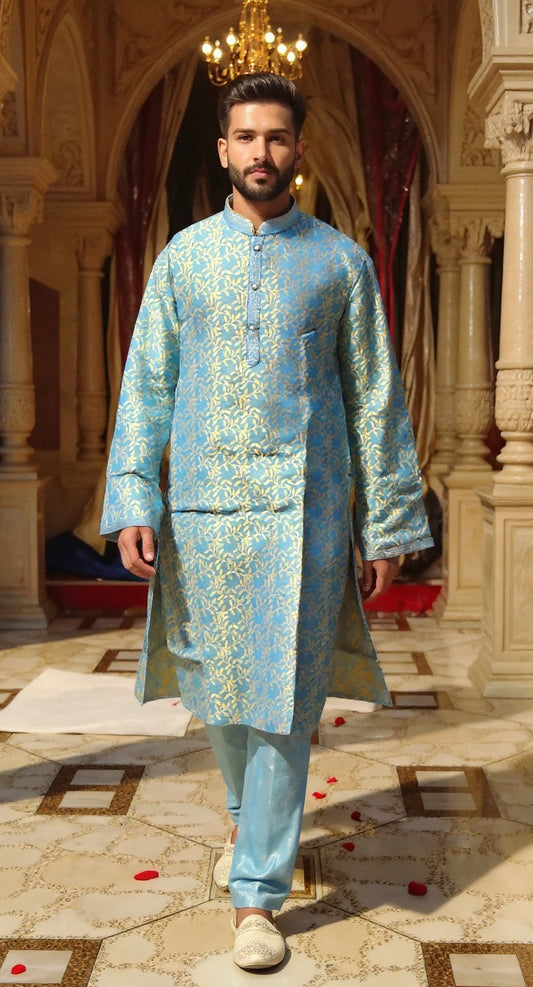 Men's Light Blue & Gold Brocade Kurta Set