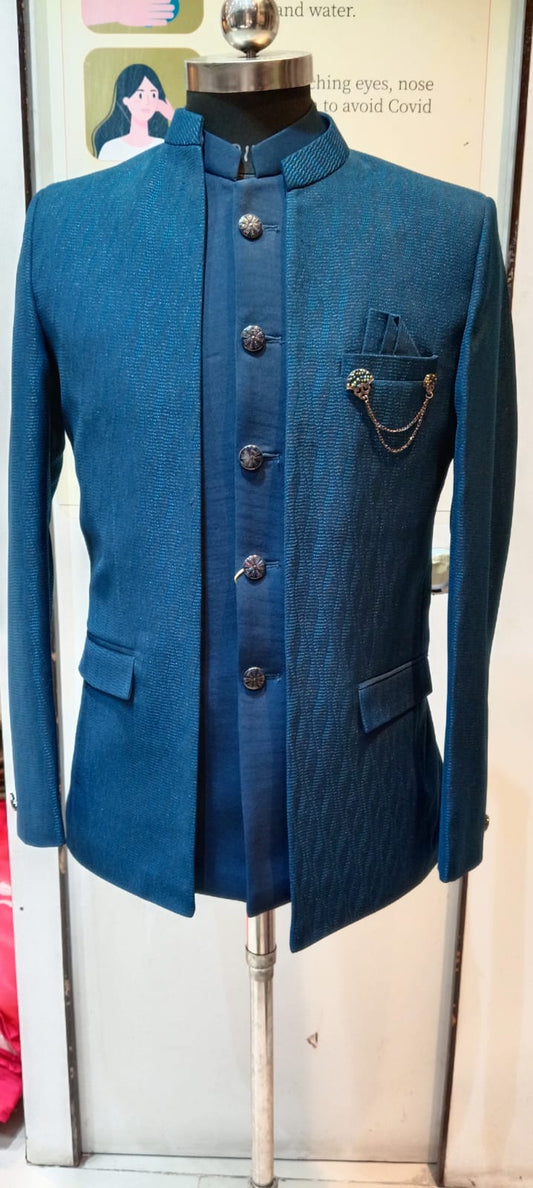 Men's Blue Textured Shrug Jodhpuri Suit