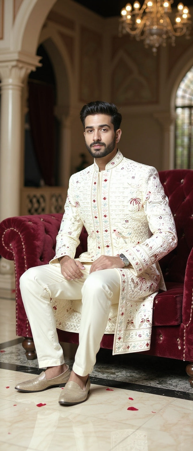 Men's Ivory Sherwani with Multi-Color Artistic Embroidery
