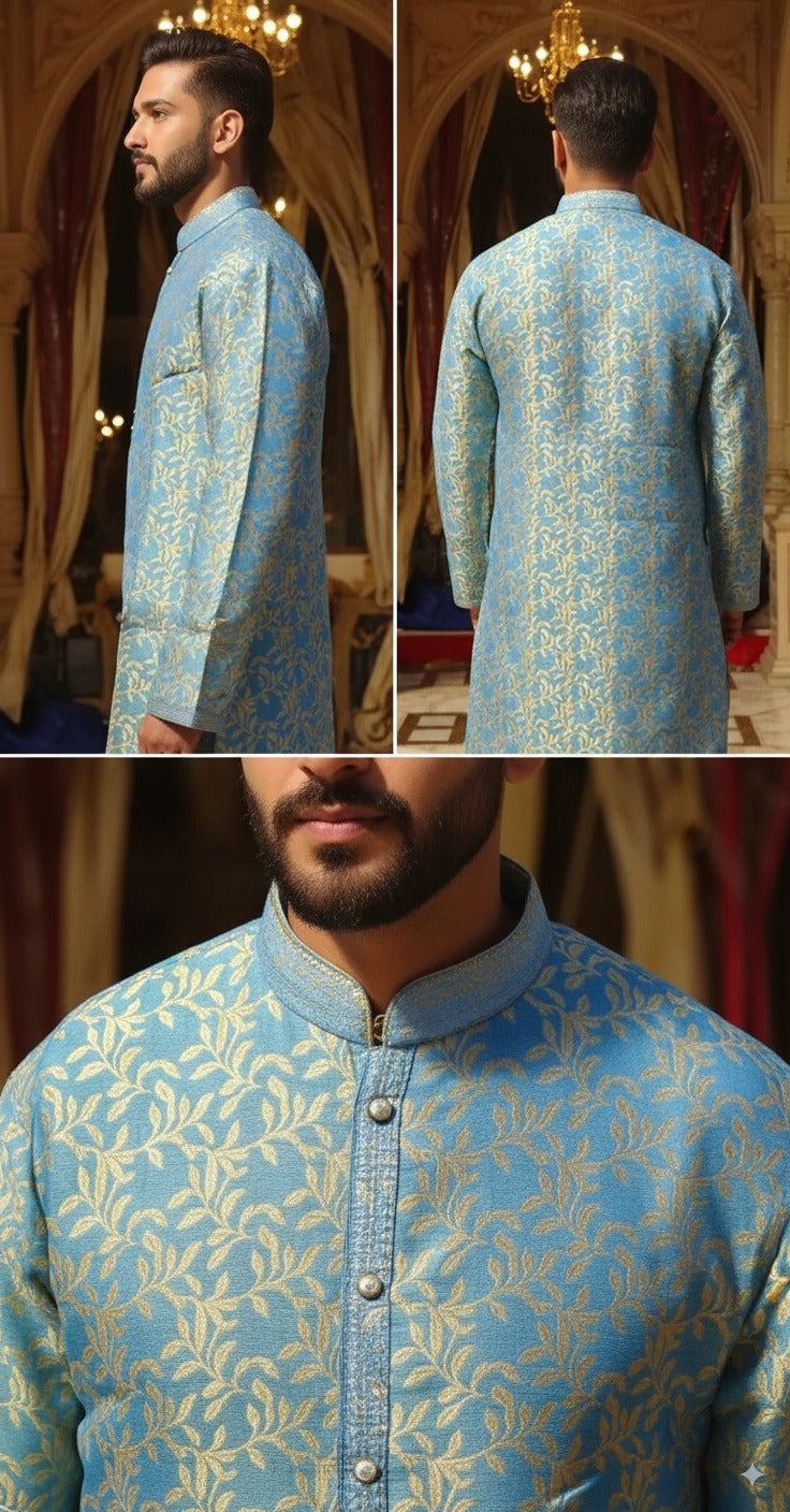 Men's Light Blue & Gold Brocade Kurta Set