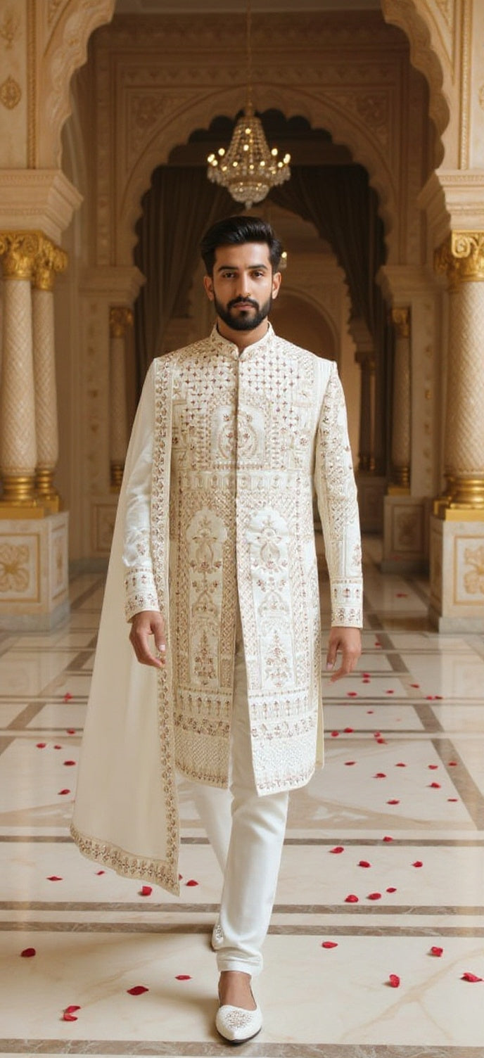 Men's Ivory & Gold Hand-Embroidered Sherwani
